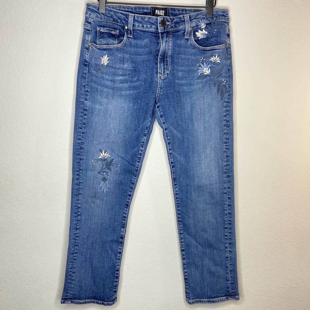 Paige Floral Embroidered Cropped Denim  Mid-Rise Skinny Jeans